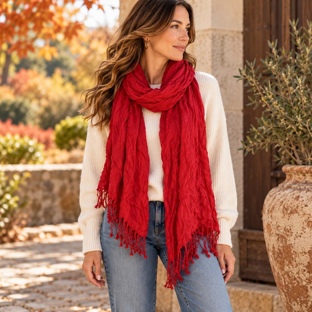 Womens Red Scarf Crinkle Textured Shawl Wrap Tassel Fringe Boho Lightweight